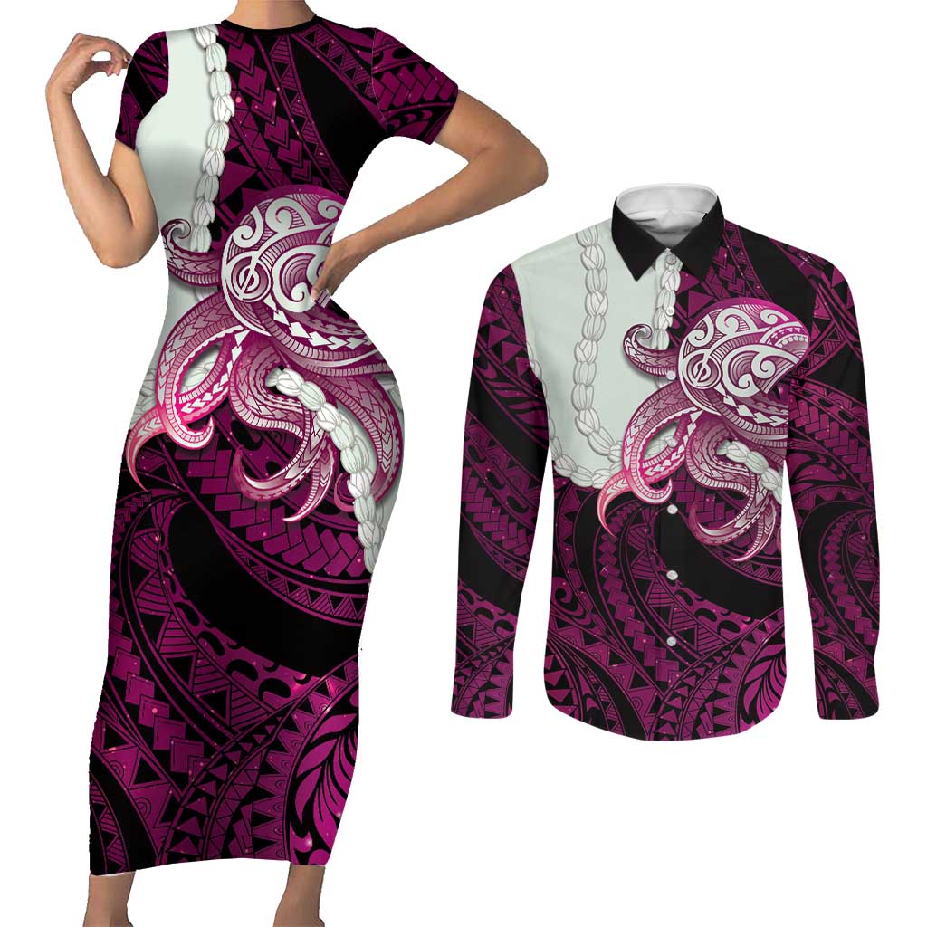 Pink Galaxy Polynesia Tribal Octopus Tattoo Couples Matching Short Sleeve Bodycon Dress and Long Sleeve Button Shirt Pikake Lei Polynesian Pattern LT14 Pink - Polynesian Pride