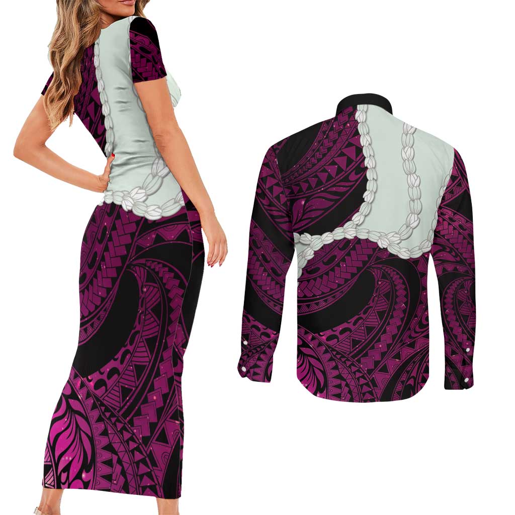 Pink Galaxy Polynesia Tribal Octopus Tattoo Couples Matching Short Sleeve Bodycon Dress and Long Sleeve Button Shirt Pikake Lei Polynesian Pattern LT14 - Polynesian Pride