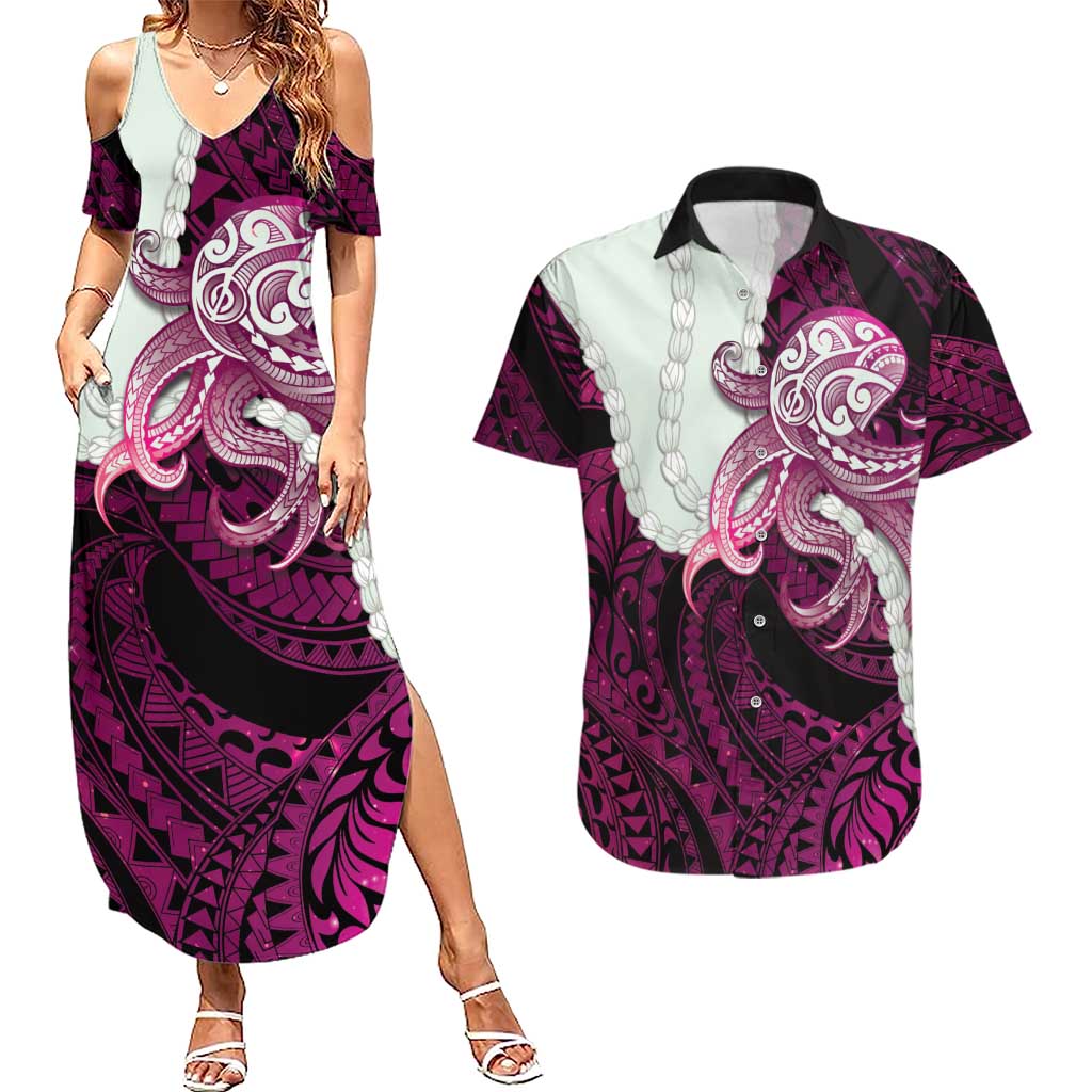 Pink Galaxy Polynesia Tribal Octopus Tattoo Couples Matching Summer Maxi Dress and Hawaiian Shirt Pikake Lei Polynesian Pattern LT14 Pink - Polynesian Pride