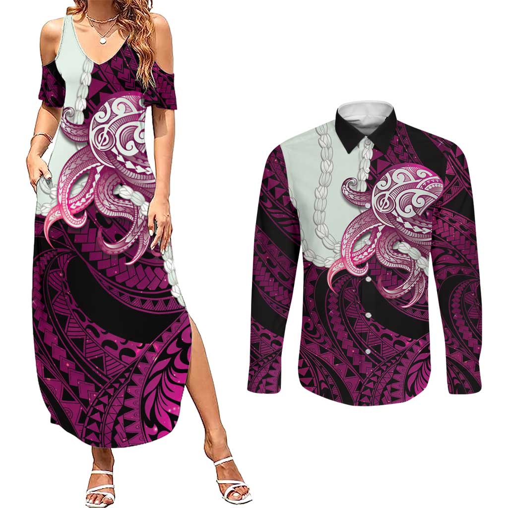 Pink Galaxy Polynesia Tribal Octopus Tattoo Couples Matching Summer Maxi Dress and Long Sleeve Button Shirt Pikake Lei Polynesian Pattern LT14 Pink - Polynesian Pride