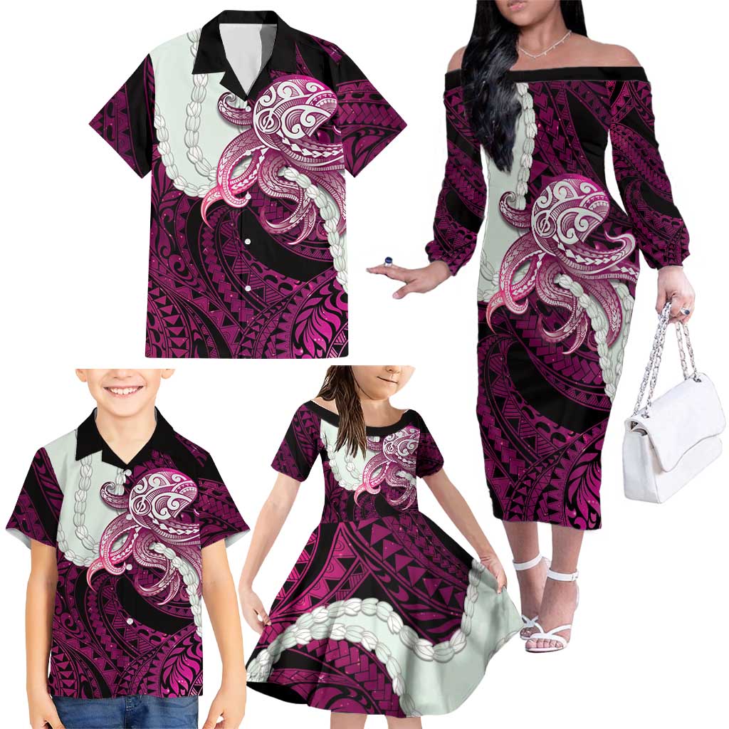 Pink Galaxy Polynesia Tribal Octopus Tattoo Family Matching Off The Shoulder Long Sleeve Dress and Hawaiian Shirt Pikake Lei Polynesian Pattern LT14 - Polynesian Pride