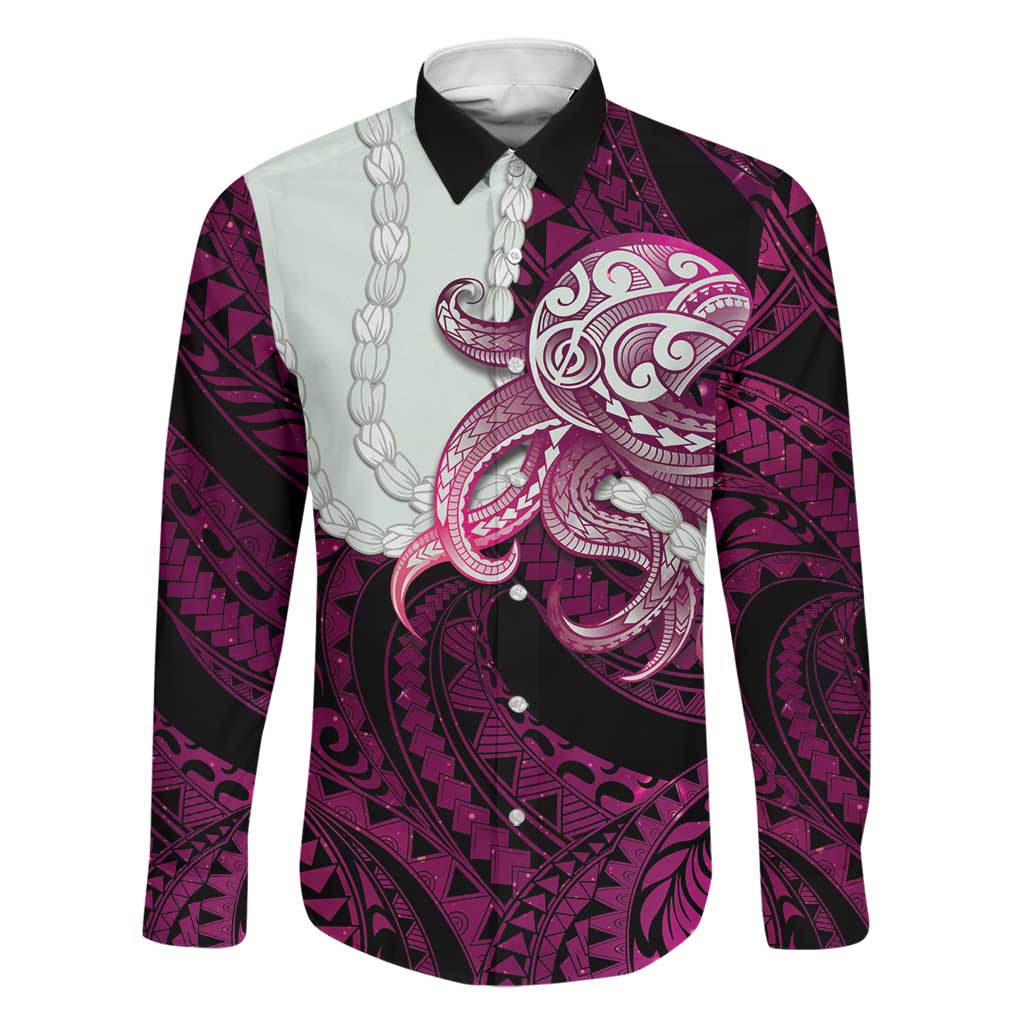 Pink Galaxy Polynesia Tribal Octopus Tattoo Family Matching Off The Shoulder Long Sleeve Dress and Hawaiian Shirt Pikake Lei Polynesian Pattern