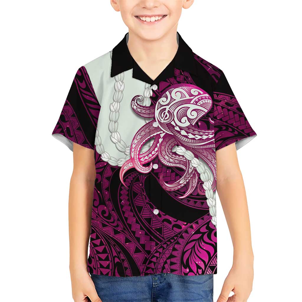 Pink Galaxy Polynesia Tribal Octopus Tattoo Family Matching Off The Shoulder Long Sleeve Dress and Hawaiian Shirt Pikake Lei Polynesian Pattern