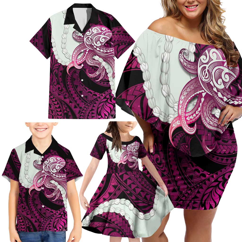 Pink Galaxy Polynesia Tribal Octopus Tattoo Family Matching Off Shoulder Short Dress and Hawaiian Shirt Pikake Lei Polynesian Pattern LT14 - Polynesian Pride
