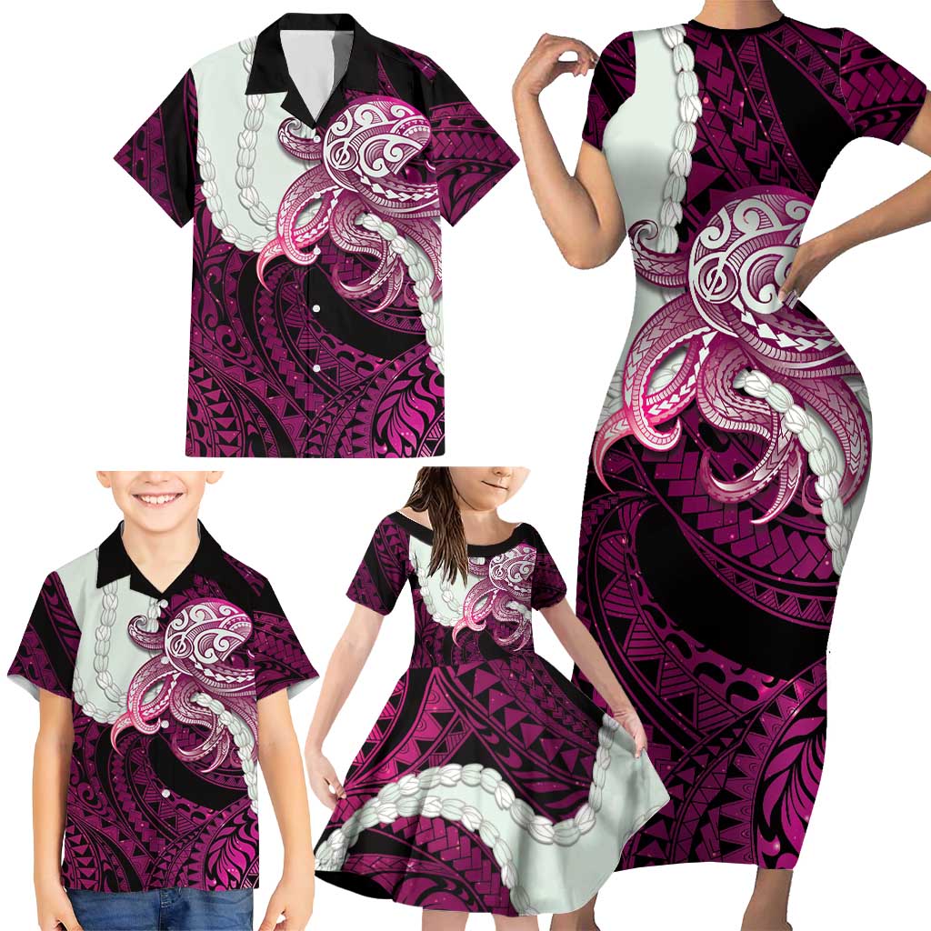 Pink Galaxy Polynesia Tribal Octopus Tattoo Family Matching Short Sleeve Bodycon Dress and Hawaiian Shirt Pikake Lei Polynesian Pattern LT14 - Polynesian Pride