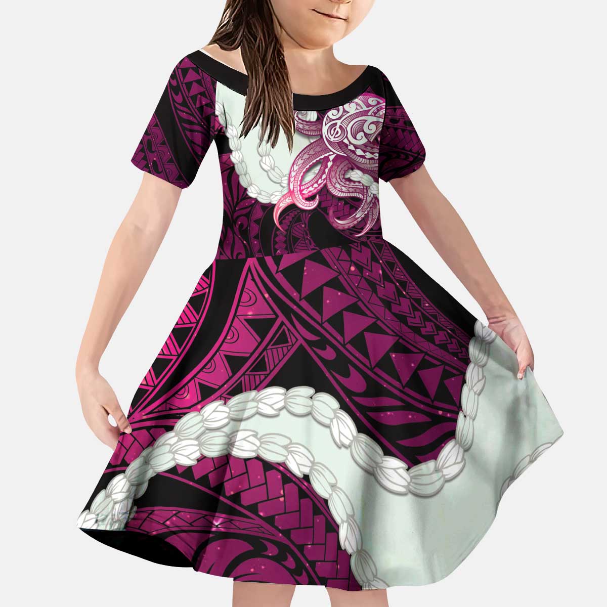 Pink Galaxy Polynesia Tribal Octopus Tattoo Kid Short Sleeve Dress Pikake Lei Polynesian Pattern LT14 KID Pink - Polynesian Pride