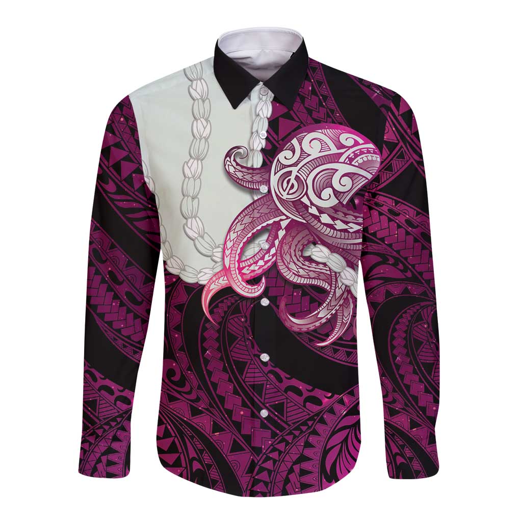 Pink Galaxy Polynesia Tribal Octopus Tattoo Long Sleeve Button Shirt Pikake Lei Polynesian Pattern