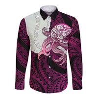 Pink Galaxy Polynesia Tribal Octopus Tattoo Long Sleeve Button Shirt Pikake Lei Polynesian Pattern