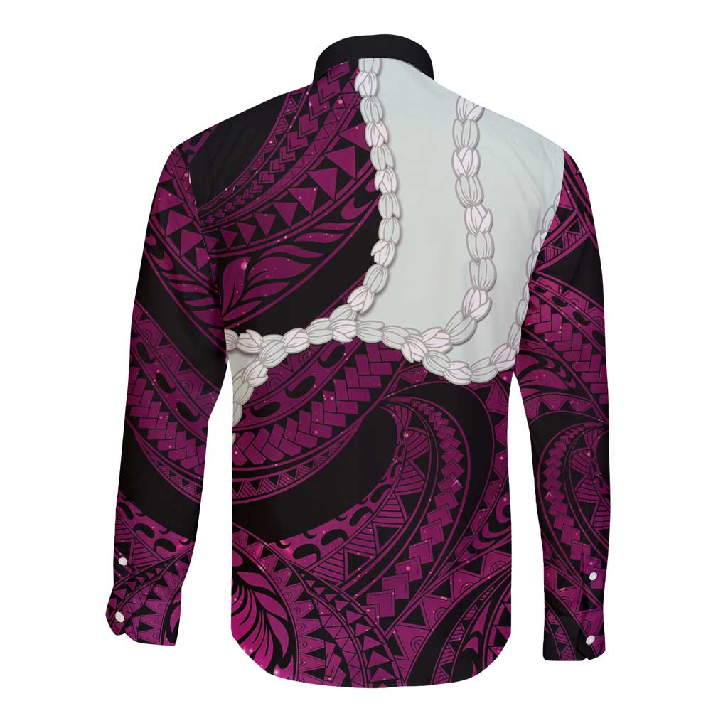 Pink Galaxy Polynesia Tribal Octopus Tattoo Long Sleeve Button Shirt Pikake Lei Polynesian Pattern