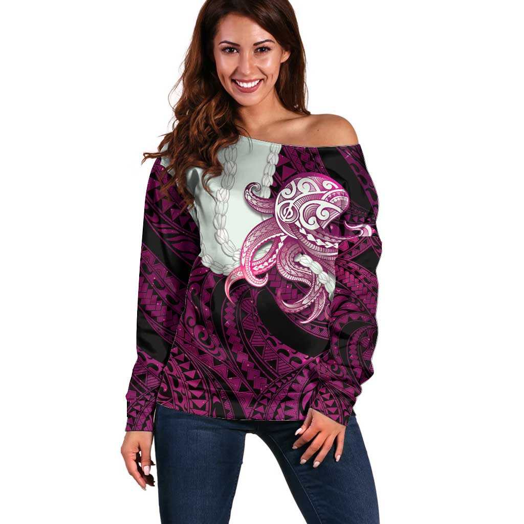 Pink Galaxy Polynesia Tribal Octopus Tattoo Off Shoulder Sweater Pikake Lei Polynesian Pattern LT14 Women Pink - Polynesian Pride