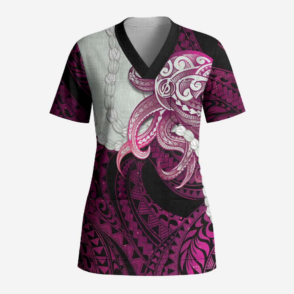 Pink Galaxy Polynesia Tribal Octopus Tattoo Scrub Top Pikake Lei Polynesian Pattern LT14 Adult Pink - Polynesian Pride