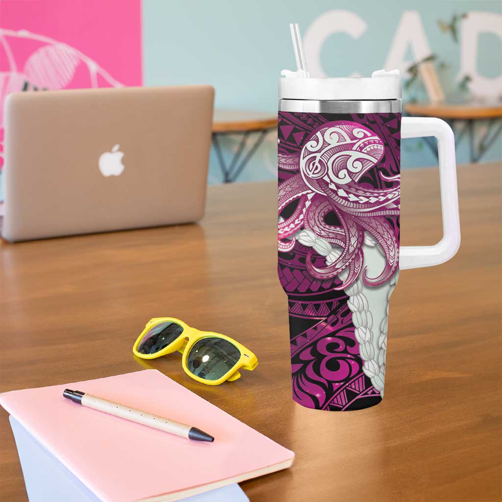 Pink Galaxy Polynesia Tribal Octopus Tattoo Tumbler With Handle Pikake Lei Polynesian Pattern LT14 - Polynesian Pride