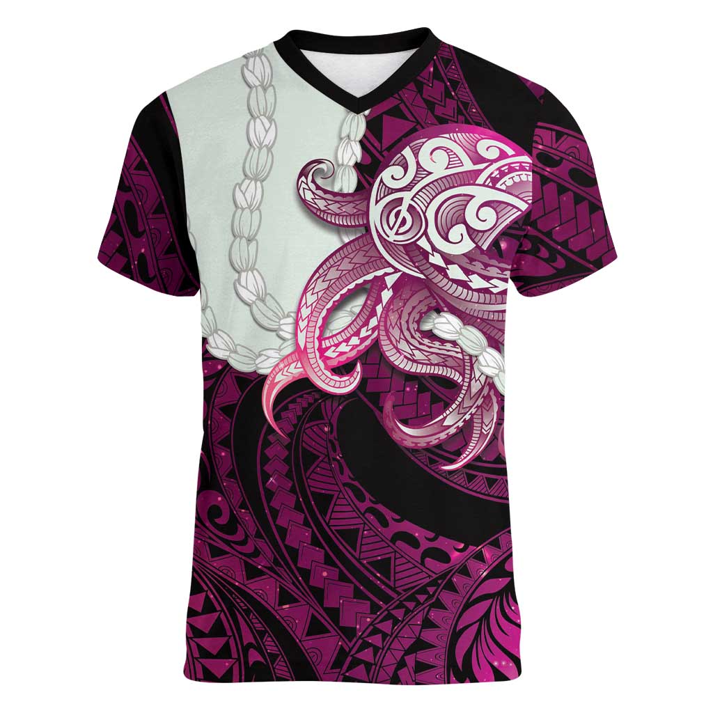 Pink Galaxy Polynesia Tribal Octopus Tattoo Women V-Neck T-Shirt Pikake Lei Polynesian Pattern