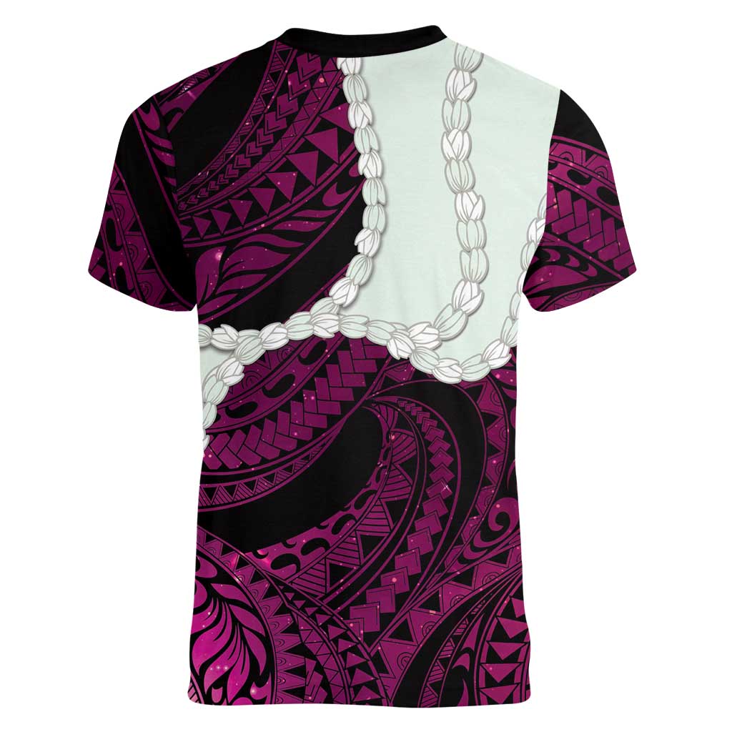 Pink Galaxy Polynesia Tribal Octopus Tattoo Women V-Neck T-Shirt Pikake Lei Polynesian Pattern