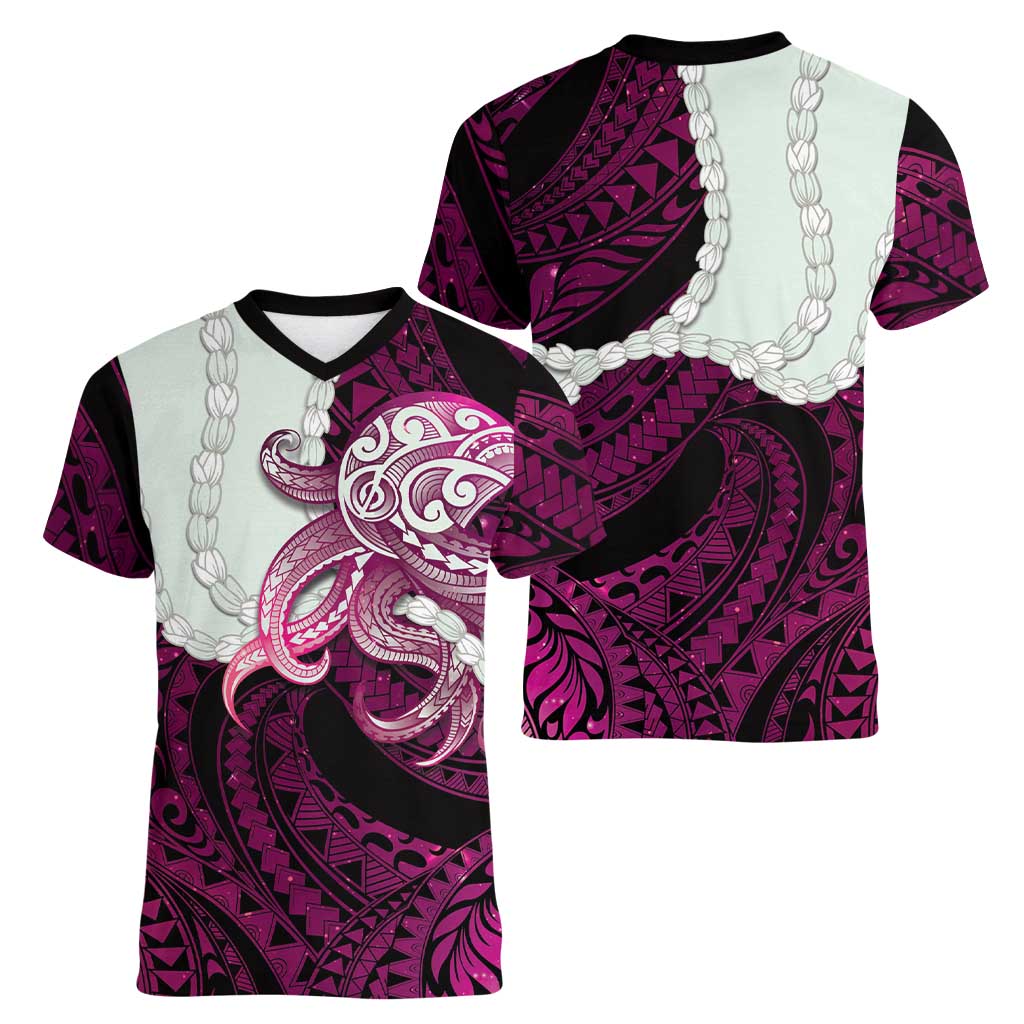 Pink Galaxy Polynesia Tribal Octopus Tattoo Women V-Neck T-Shirt Pikake Lei Polynesian Pattern
