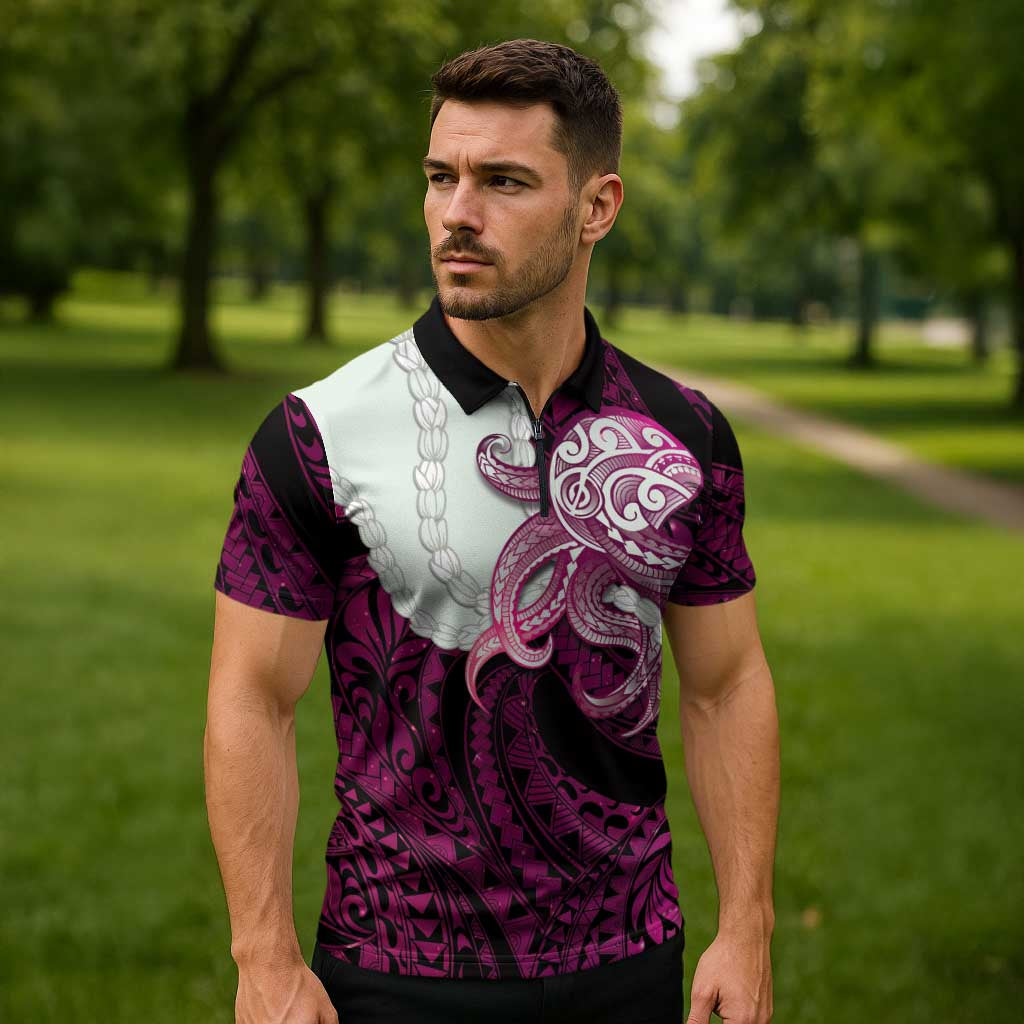 Pink Galaxy Polynesia Tribal Octopus Tattoo Zipper Polo Shirt Pikake Lei Polynesian Pattern LT14 - Polynesian Pride