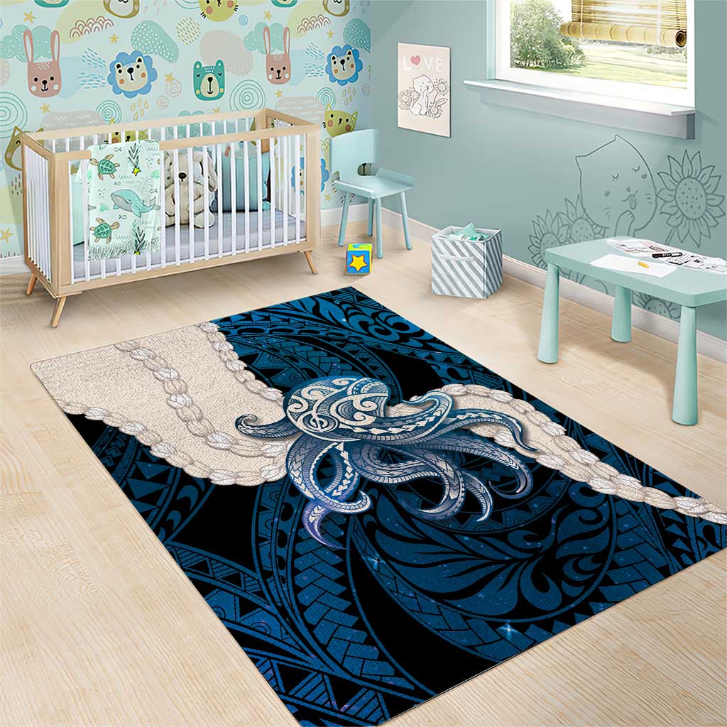 Blue Galaxy Polynesia Tribal Octopus Tattoo Area Rug Pikake Lei Polynesian Pattern