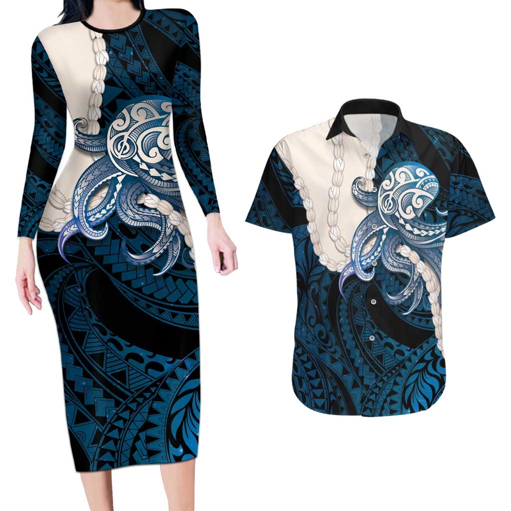 Blue Galaxy Polynesia Tribal Octopus Tattoo Couples Matching Long Sleeve Bodycon Dress and Hawaiian Shirt Pikake Lei Polynesian Pattern LT14 Blue - Polynesian Pride