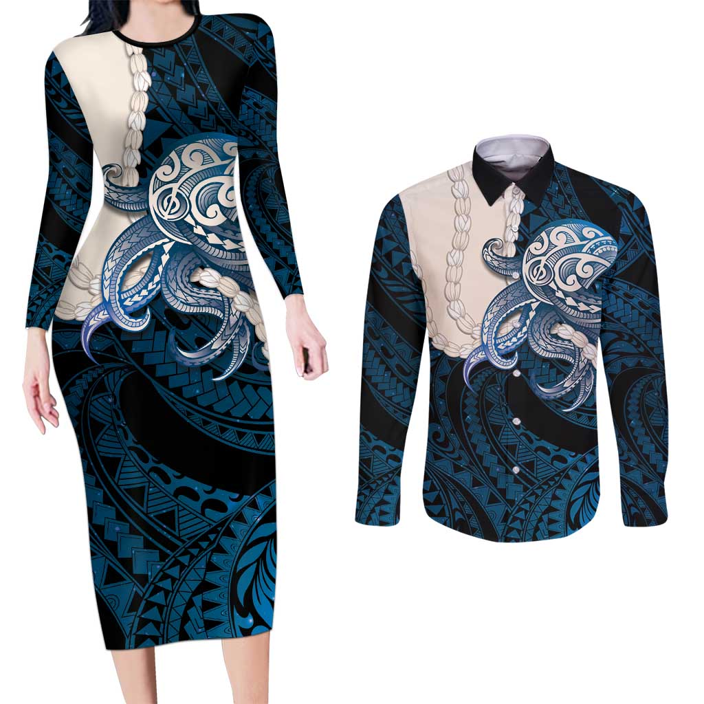 Blue Galaxy Polynesia Tribal Octopus Tattoo Couples Matching Long Sleeve Bodycon Dress and Long Sleeve Button Shirt Pikake Lei Polynesian Pattern LT14 Blue - Polynesian Pride