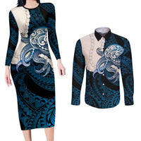Blue Galaxy Polynesia Tribal Octopus Tattoo Couples Matching Long Sleeve Bodycon Dress and Long Sleeve Button Shirt Pikake Lei Polynesian Pattern LT14 Blue - Polynesian Pride