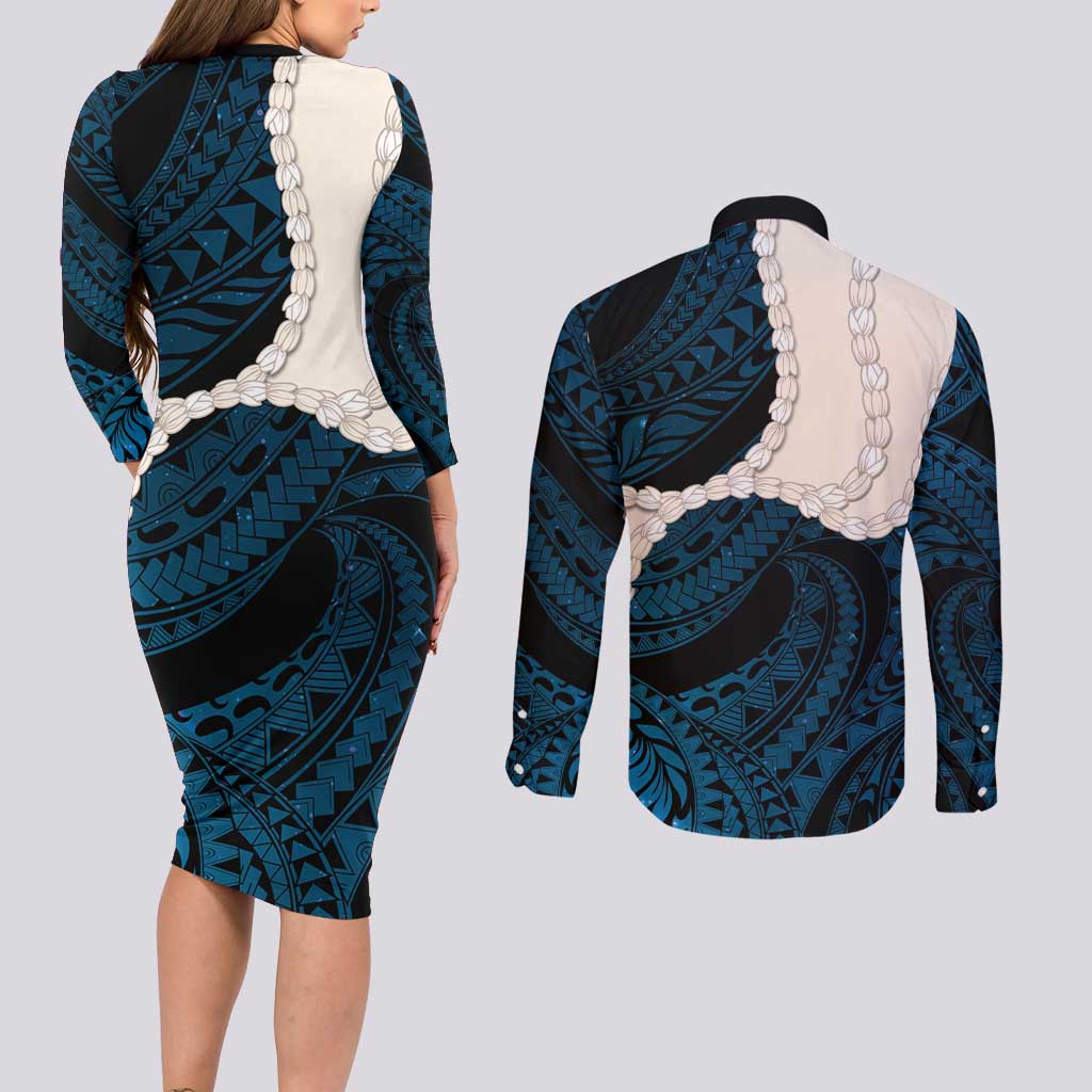 Blue Galaxy Polynesia Tribal Octopus Tattoo Couples Matching Long Sleeve Bodycon Dress and Long Sleeve Button Shirt Pikake Lei Polynesian Pattern LT14 - Polynesian Pride