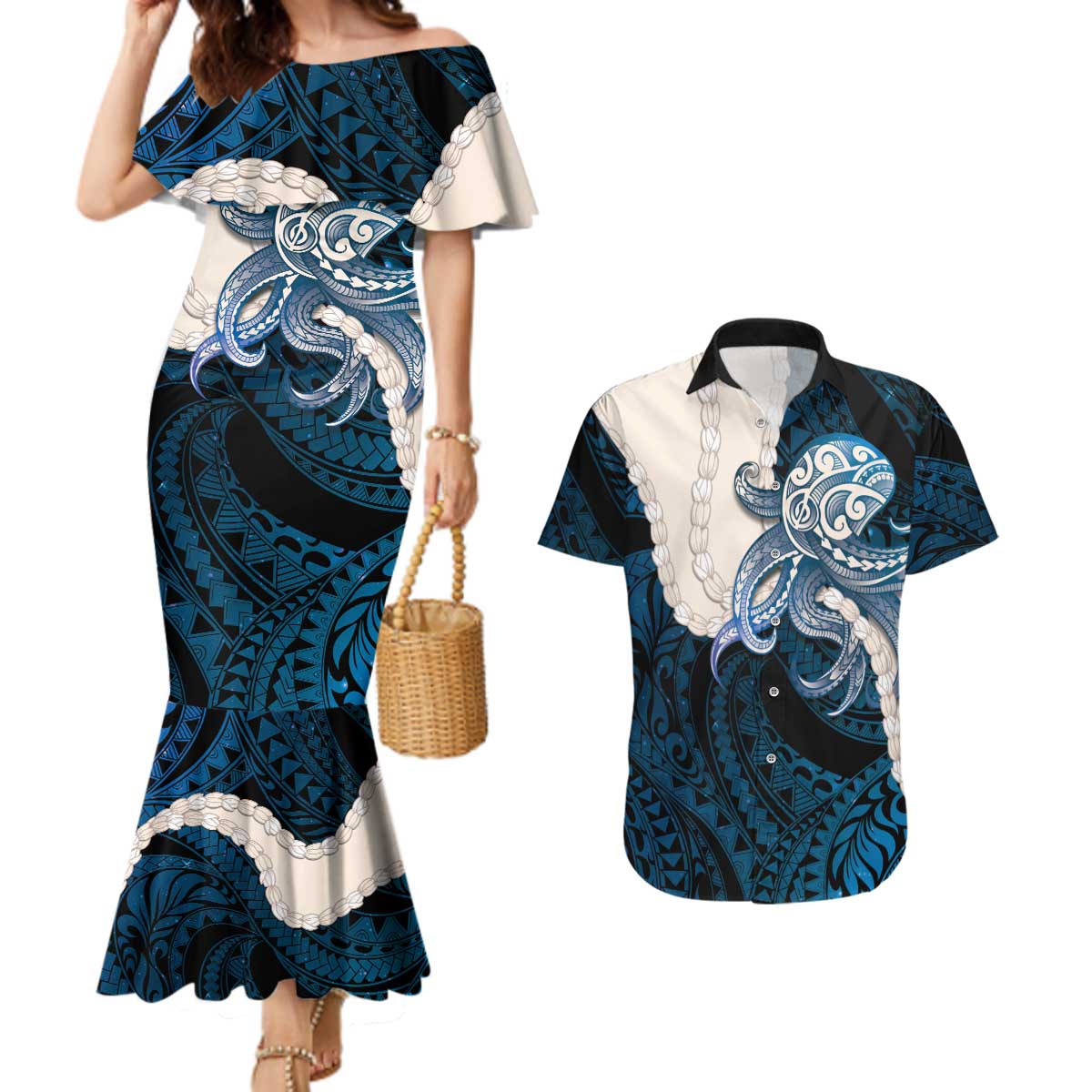 Blue Galaxy Polynesia Tribal Octopus Tattoo Couples Matching Mermaid Dress and Hawaiian Shirt Pikake Lei Polynesian Pattern LT14 Blue - Polynesian Pride
