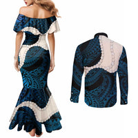 Blue Galaxy Polynesia Tribal Octopus Tattoo Couples Matching Mermaid Dress and Long Sleeve Button Shirt Pikake Lei Polynesian Pattern LT14 - Polynesian Pride