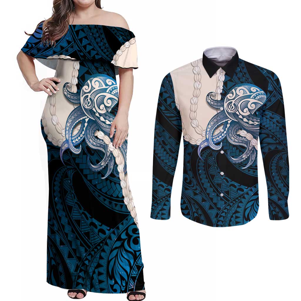 Blue Galaxy Polynesia Tribal Octopus Tattoo Couples Matching Off Shoulder Maxi Dress and Long Sleeve Button Shirt Pikake Lei Polynesian Pattern LT14 Blue - Polynesian Pride