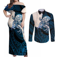 Blue Galaxy Polynesia Tribal Octopus Tattoo Couples Matching Off Shoulder Maxi Dress and Long Sleeve Button Shirt Pikake Lei Polynesian Pattern LT14 Blue - Polynesian Pride