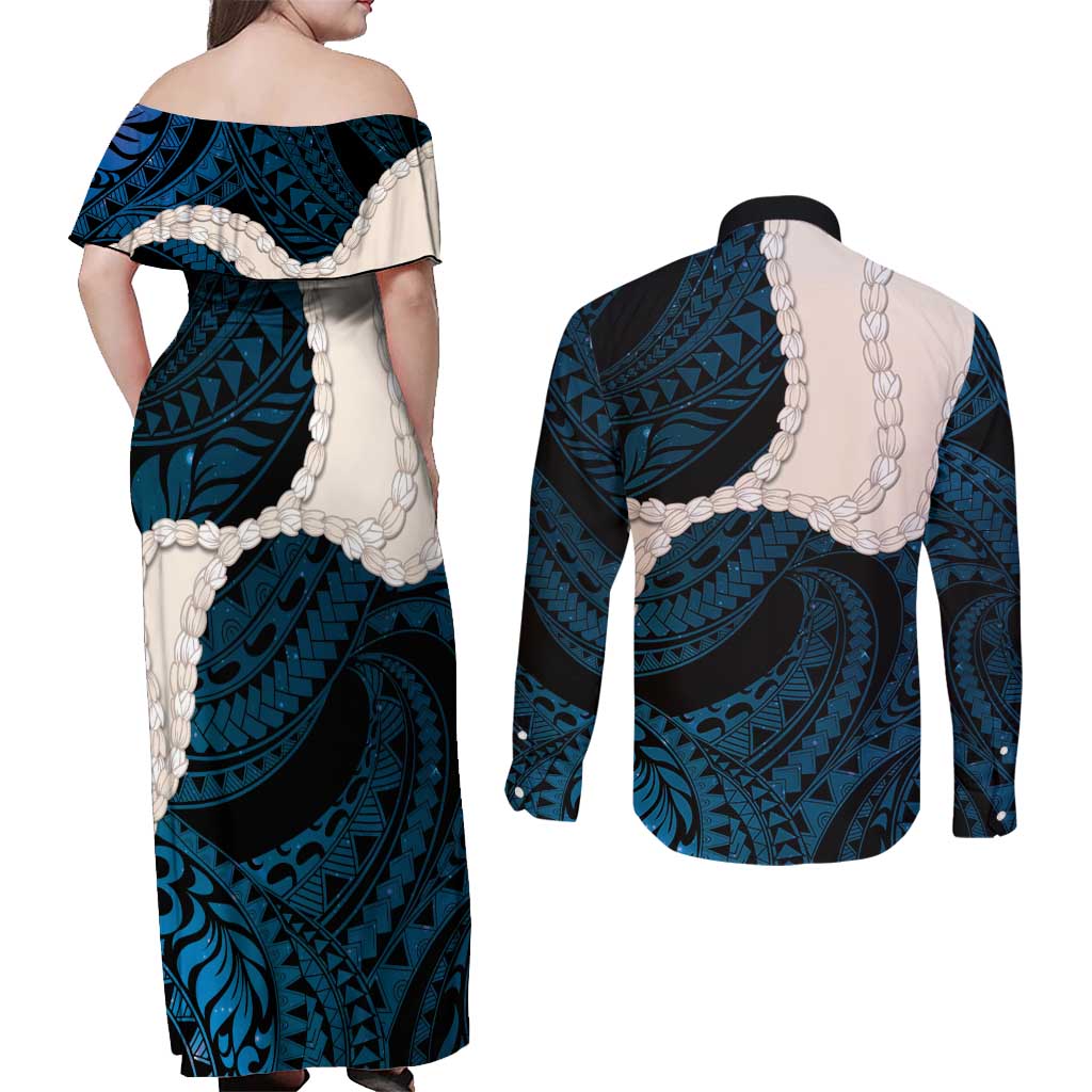 Blue Galaxy Polynesia Tribal Octopus Tattoo Couples Matching Off Shoulder Maxi Dress and Long Sleeve Button Shirt Pikake Lei Polynesian Pattern LT14 - Polynesian Pride