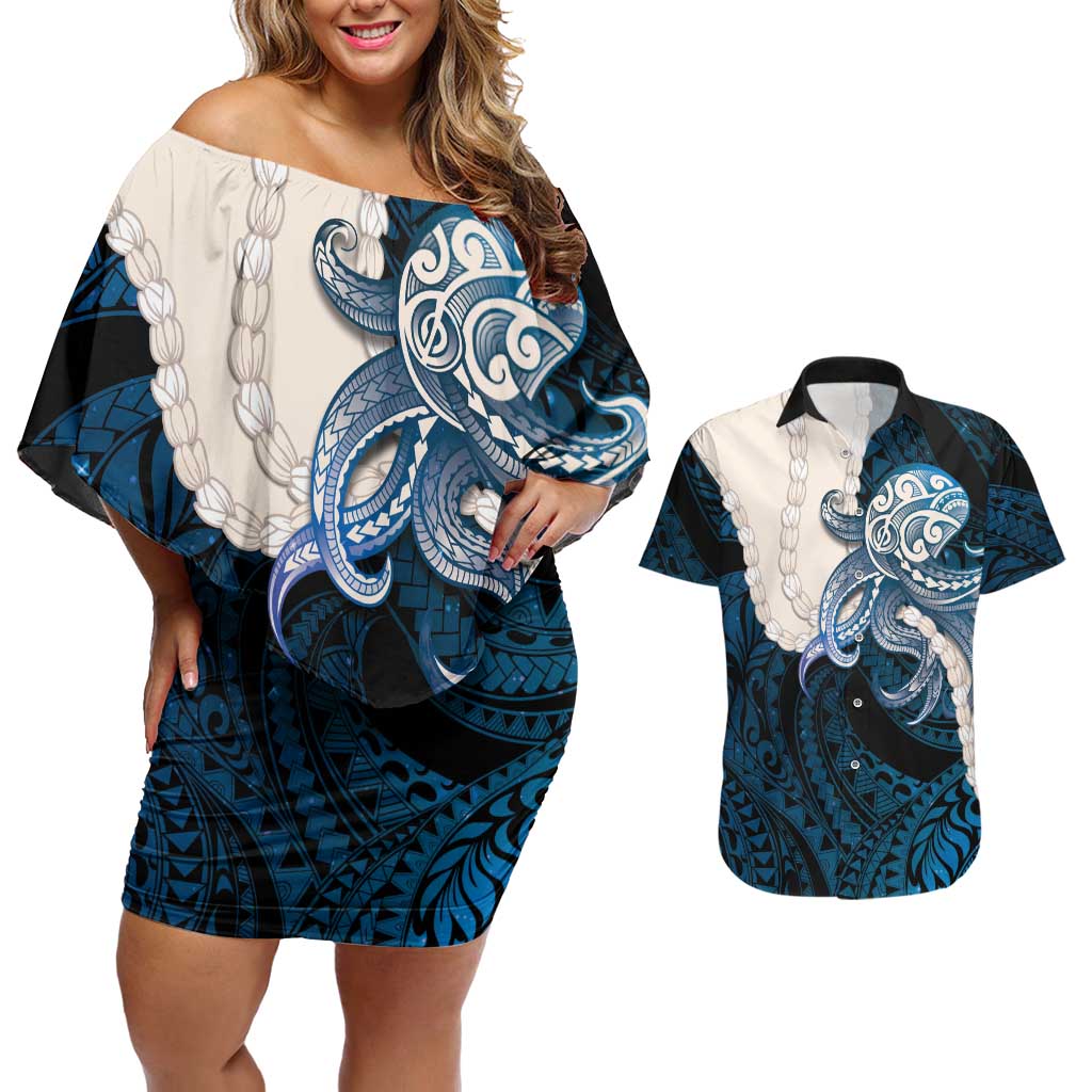 Blue Galaxy Polynesia Tribal Octopus Tattoo Couples Matching Off Shoulder Short Dress and Hawaiian Shirt Pikake Lei Polynesian Pattern LT14 Blue - Polynesian Pride