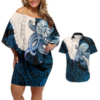 Blue Galaxy Polynesia Tribal Octopus Tattoo Couples Matching Off Shoulder Short Dress and Hawaiian Shirt Pikake Lei Polynesian Pattern LT14 Blue - Polynesian Pride