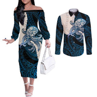 Blue Galaxy Polynesia Tribal Octopus Tattoo Couples Matching Off The Shoulder Long Sleeve Dress and Long Sleeve Button Shirt Pikake Lei Polynesian Pattern LT14 Blue - Polynesian Pride