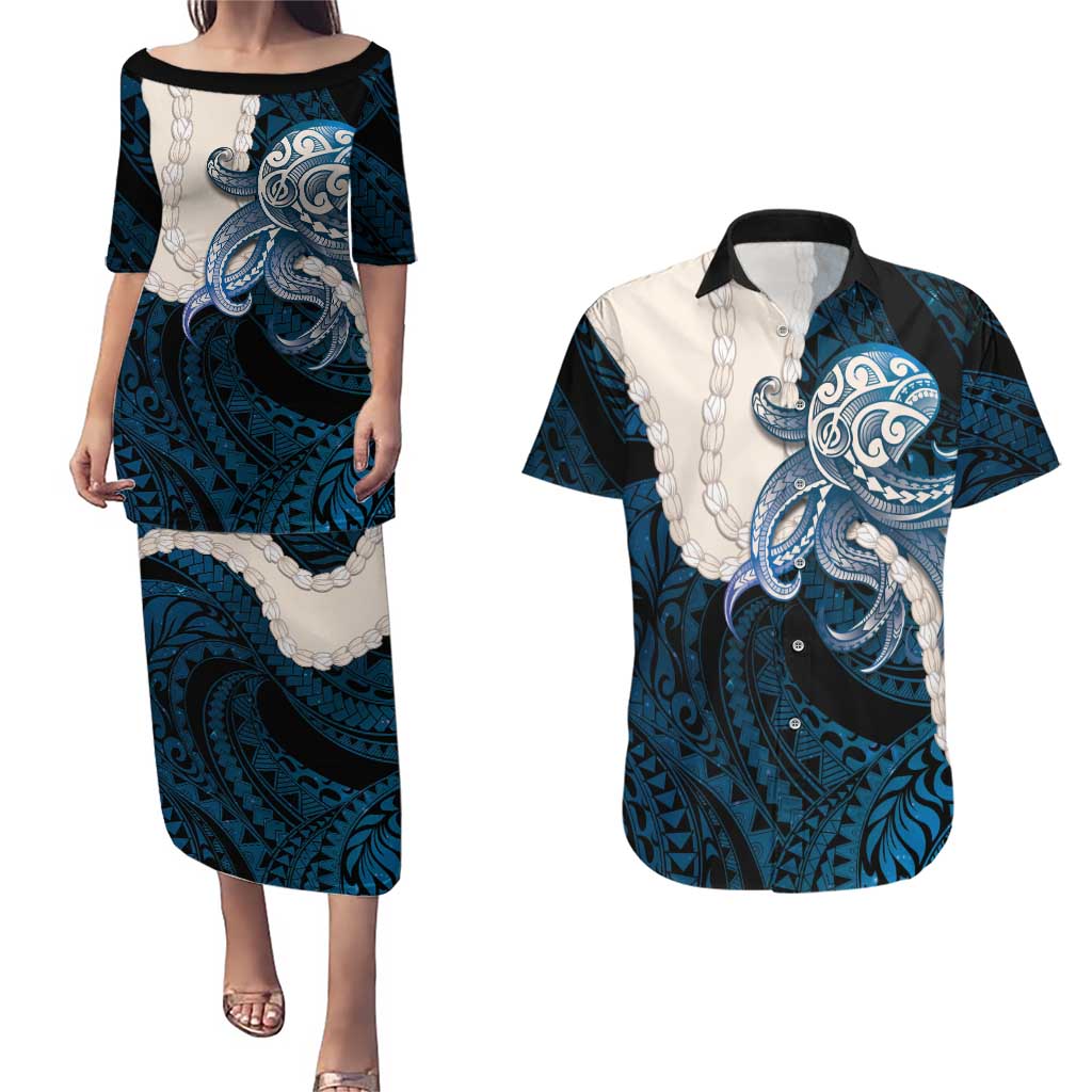 Blue Galaxy Polynesia Tribal Octopus Tattoo Couples Matching Puletasi and Hawaiian Shirt Pikake Lei Polynesian Pattern LT14 Blue - Polynesian Pride