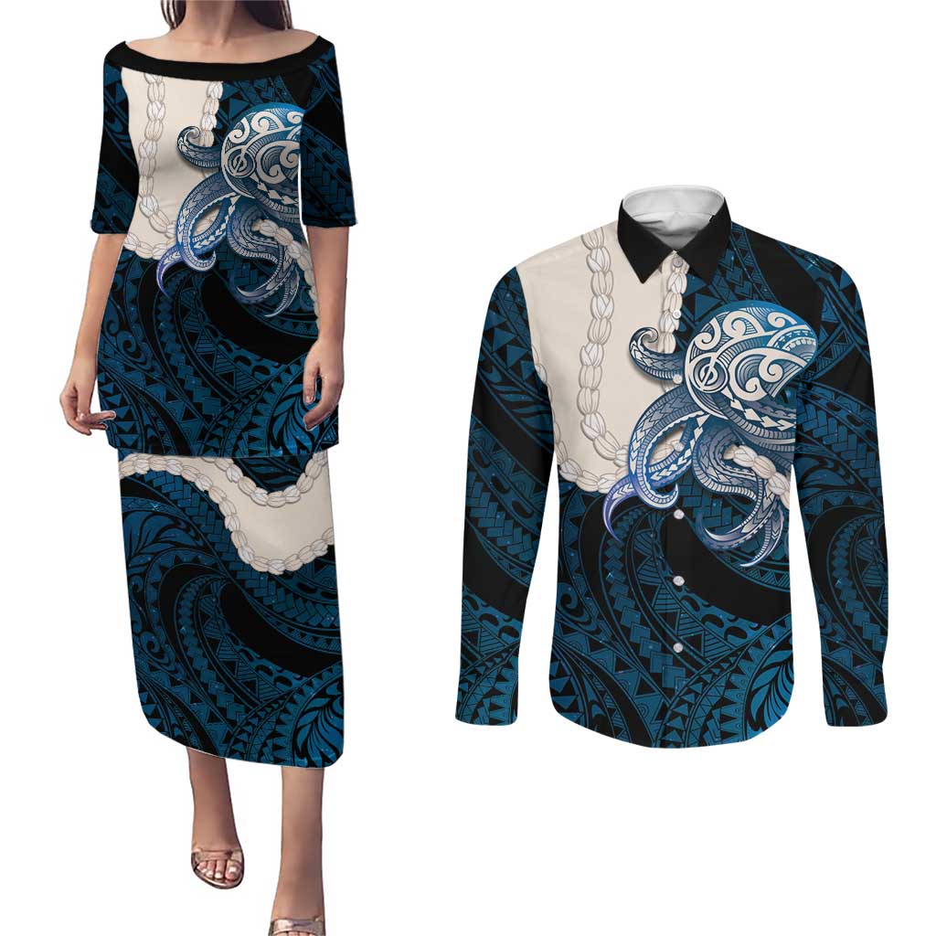 Blue Galaxy Polynesia Tribal Octopus Tattoo Couples Matching Puletasi and Long Sleeve Button Shirt Pikake Lei Polynesian Pattern LT14 Blue - Polynesian Pride