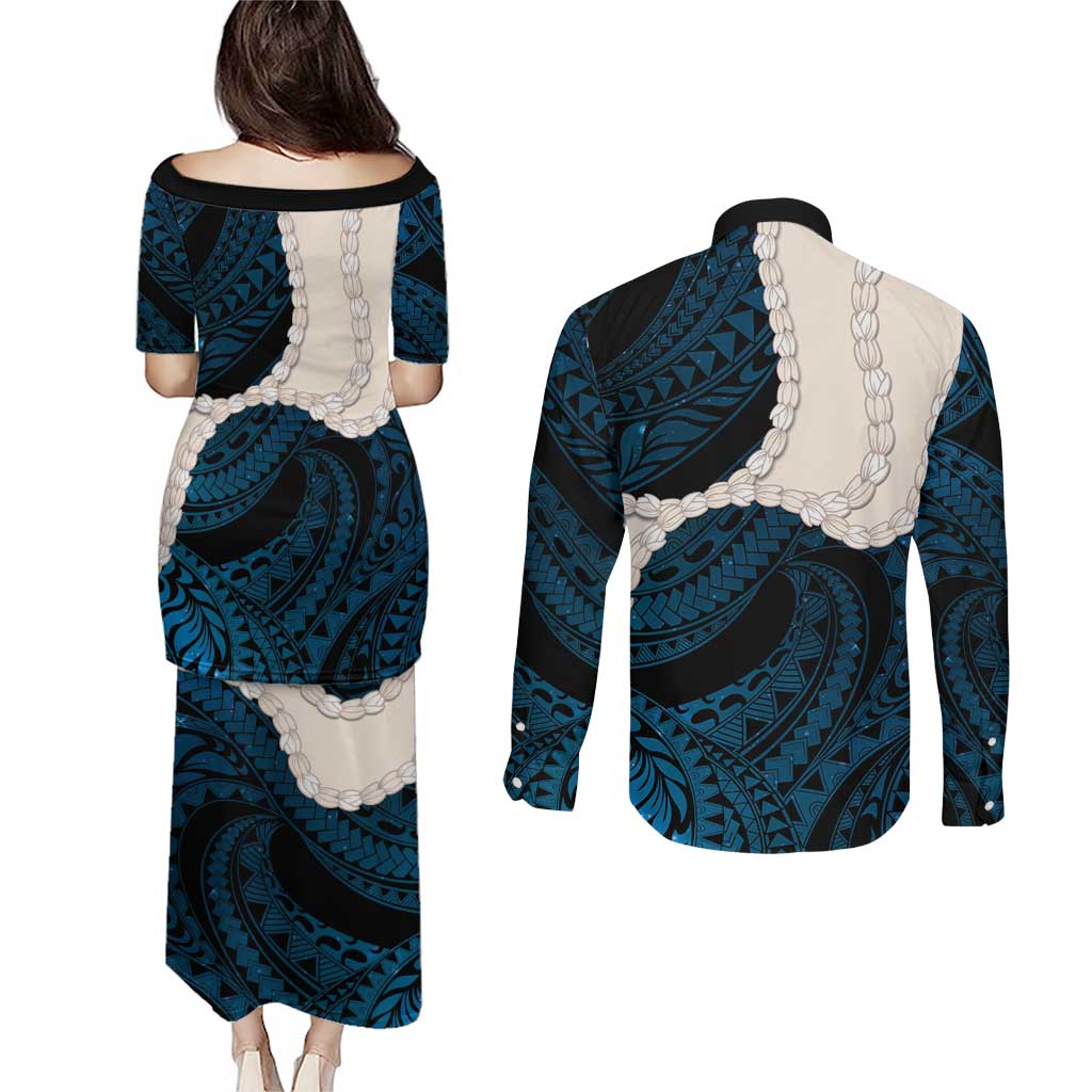Blue Galaxy Polynesia Tribal Octopus Tattoo Couples Matching Puletasi and Long Sleeve Button Shirt Pikake Lei Polynesian Pattern LT14 - Polynesian Pride
