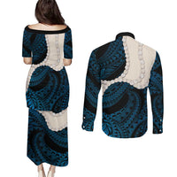 Blue Galaxy Polynesia Tribal Octopus Tattoo Couples Matching Puletasi and Long Sleeve Button Shirt Pikake Lei Polynesian Pattern LT14 - Polynesian Pride