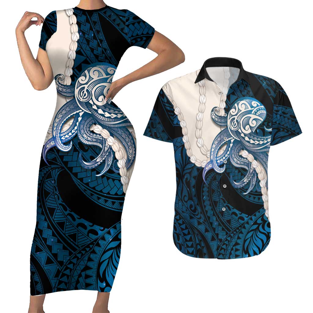 Blue Galaxy Polynesia Tribal Octopus Tattoo Couples Matching Short Sleeve Bodycon Dress and Hawaiian Shirt Pikake Lei Polynesian Pattern LT14 Blue - Polynesian Pride