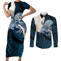 Blue Galaxy Polynesia Tribal Octopus Tattoo Couples Matching Short Sleeve Bodycon Dress and Long Sleeve Button Shirt Pikake Lei Polynesian Pattern LT14 Blue - Polynesian Pride