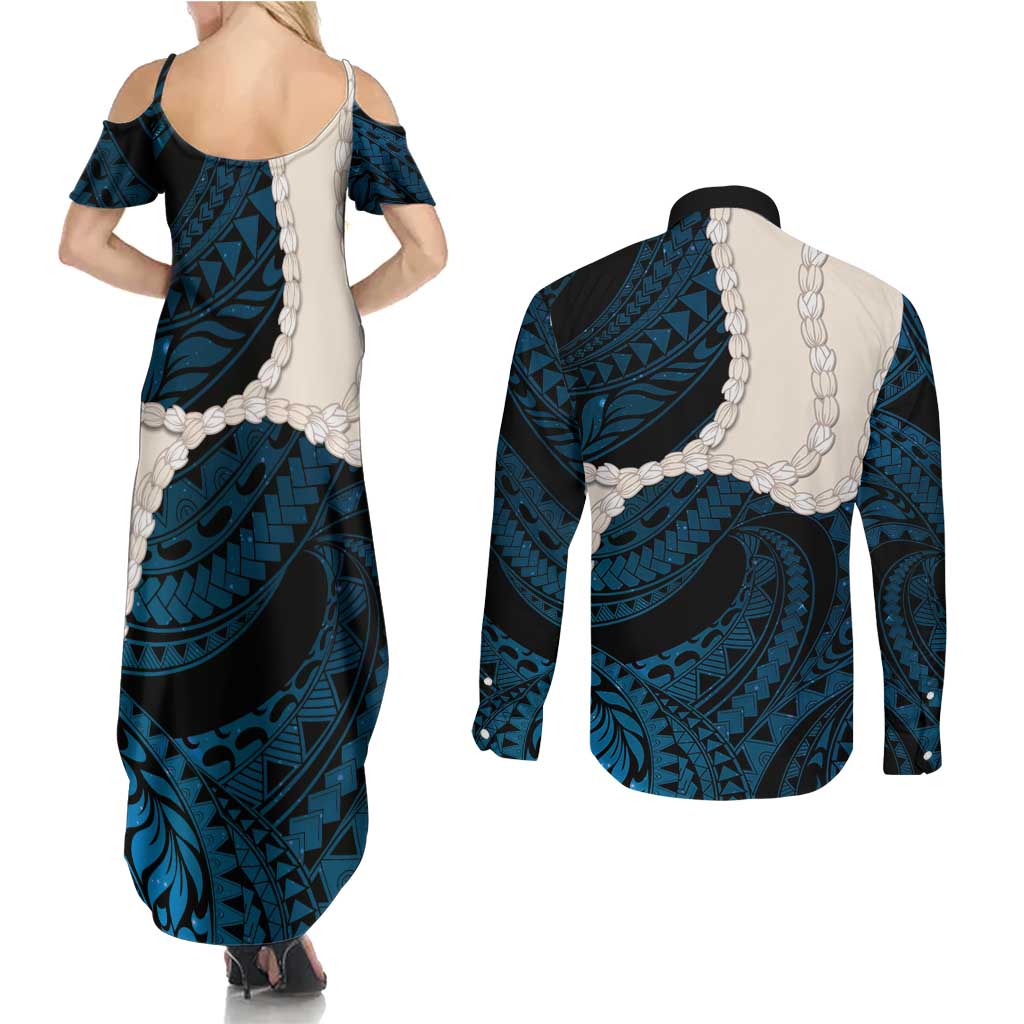 Blue Galaxy Polynesia Tribal Octopus Tattoo Couples Matching Summer Maxi Dress and Long Sleeve Button Shirt Pikake Lei Polynesian Pattern LT14 - Polynesian Pride