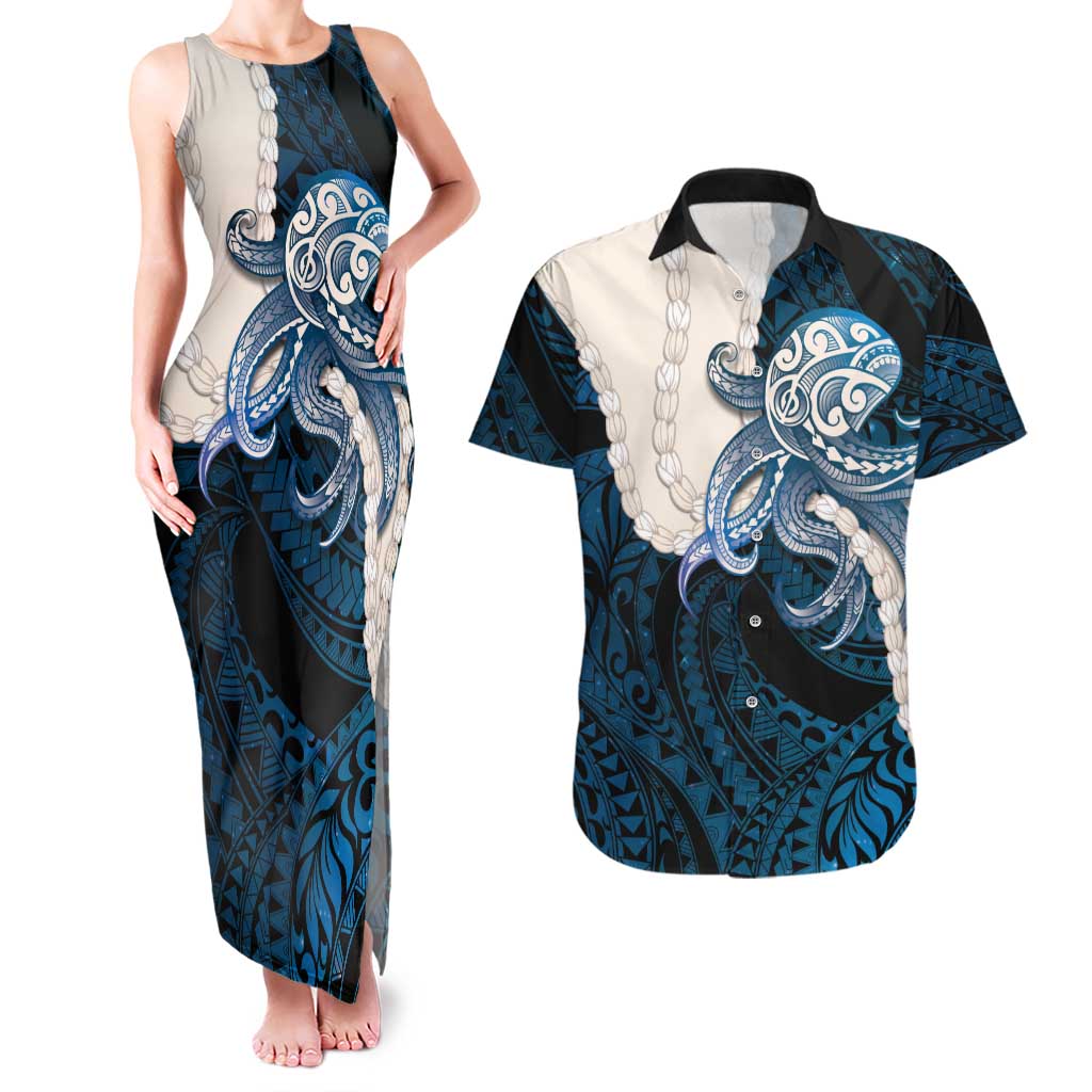 Blue Galaxy Polynesia Tribal Octopus Tattoo Couples Matching Tank Maxi Dress and Hawaiian Shirt Pikake Lei Polynesian Pattern LT14 Blue - Polynesian Pride
