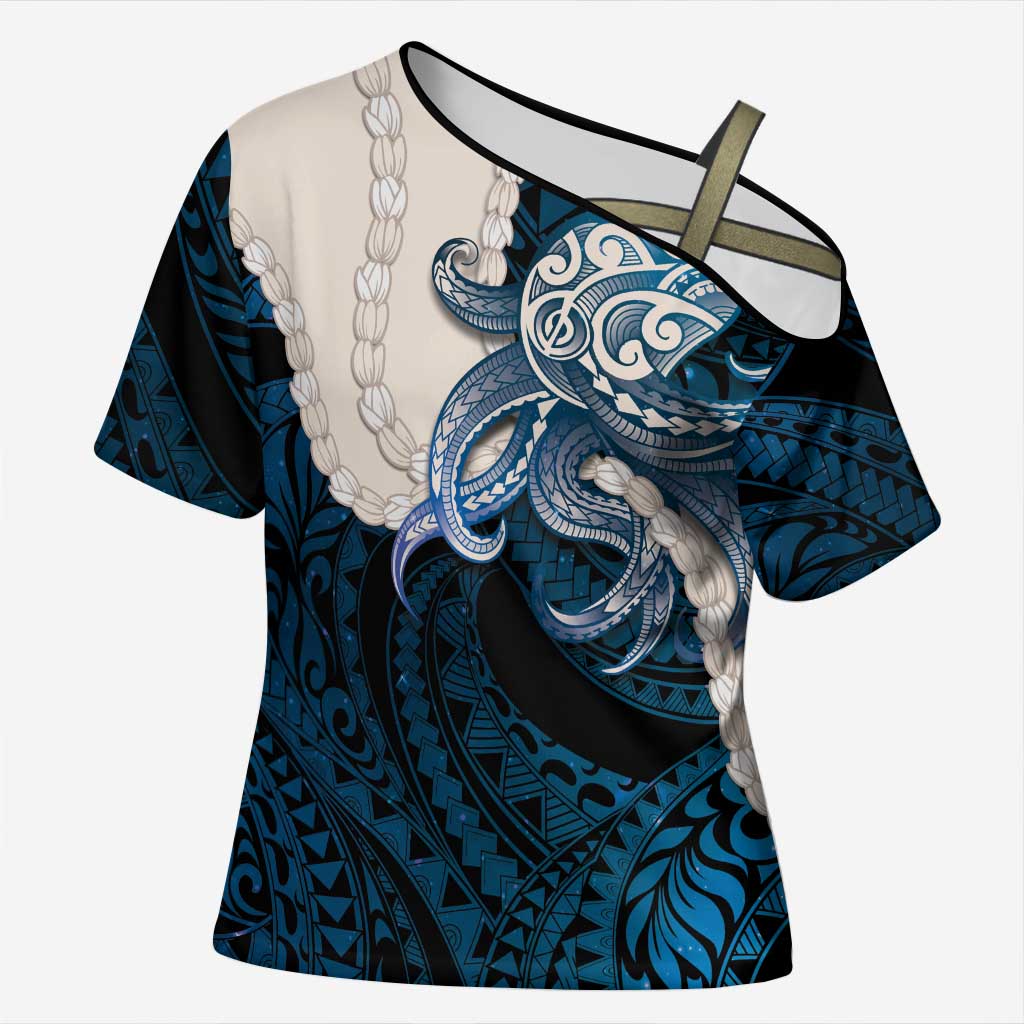 Blue Galaxy Polynesia Tribal Octopus Tattoo Cross Shoulder Shirt Pikake Lei Polynesian Pattern LT14 Female Blue - Polynesian Pride
