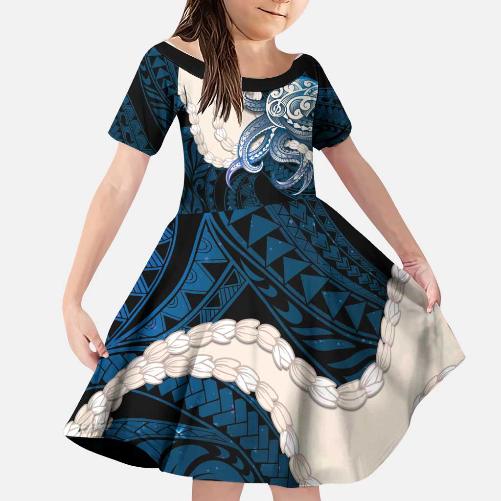 Blue Galaxy Polynesia Tribal Octopus Tattoo Family Matching Long Sleeve Bodycon Dress and Hawaiian Shirt Pikake Lei Polynesian Pattern