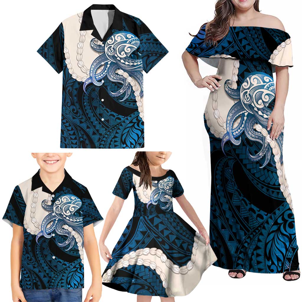 Blue Galaxy Polynesia Tribal Octopus Tattoo Family Matching Off Shoulder Maxi Dress and Hawaiian Shirt Pikake Lei Polynesian Pattern LT14 - Polynesian Pride