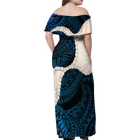 Blue Galaxy Polynesia Tribal Octopus Tattoo Family Matching Off Shoulder Maxi Dress and Hawaiian Shirt Pikake Lei Polynesian Pattern