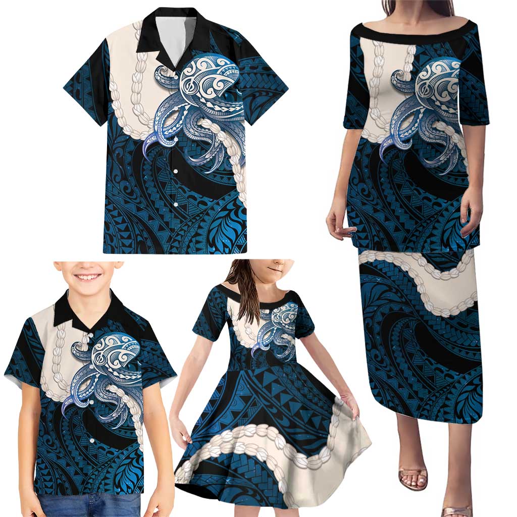 Blue Galaxy Polynesia Tribal Octopus Tattoo Family Matching Puletasi and Hawaiian Shirt Pikake Lei Polynesian Pattern
