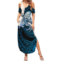 Blue Galaxy Polynesia Tribal Octopus Tattoo Family Matching Summer Maxi Dress and Hawaiian Shirt Pikake Lei Polynesian Pattern LT14 Mom's Dress Blue - Polynesian Pride