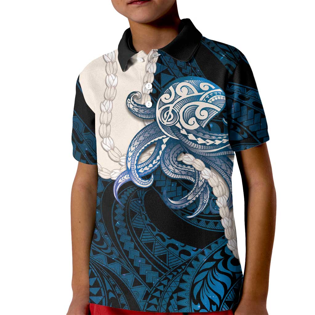 Blue Galaxy Polynesia Tribal Octopus Tattoo Kid Polo Shirt Pikake Lei Polynesian Pattern LT14 Kid Blue - Polynesian Pride