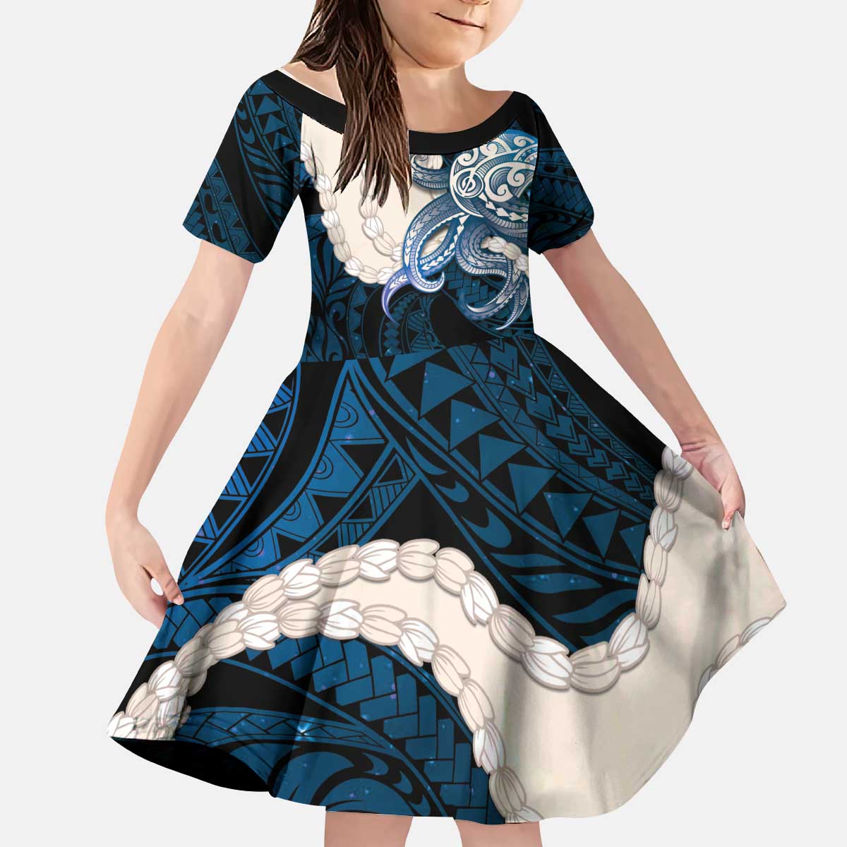 Blue Galaxy Polynesia Tribal Octopus Tattoo Kid Short Sleeve Dress Pikake Lei Polynesian Pattern LT14 KID Blue - Polynesian Pride