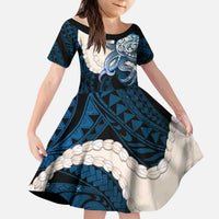 Blue Galaxy Polynesia Tribal Octopus Tattoo Kid Short Sleeve Dress Pikake Lei Polynesian Pattern LT14 KID Blue - Polynesian Pride
